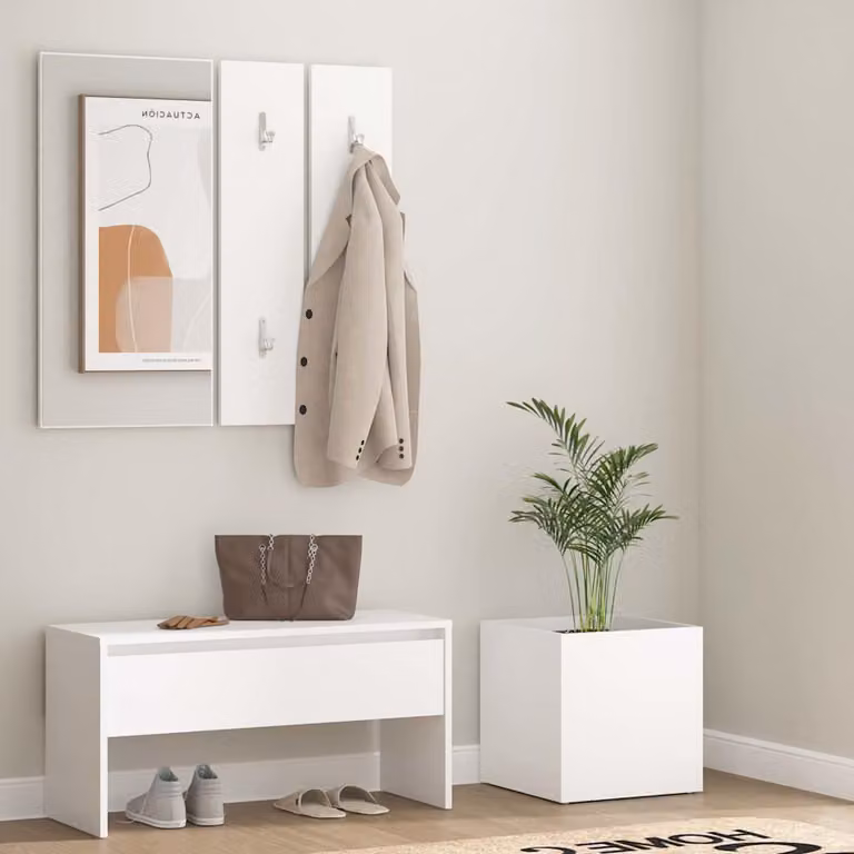 Set di mobili da corridoio vidaXL bianco in legno e plastica con panca, specchio, appendiabiti e scarpiera in stile minimalista
