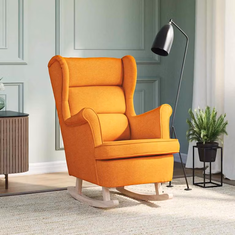 Sedia a dondolo vidaXL in tessuto giallo e arancione con struttura in legno di gomma, H 102 x L 74 x P 90 cm