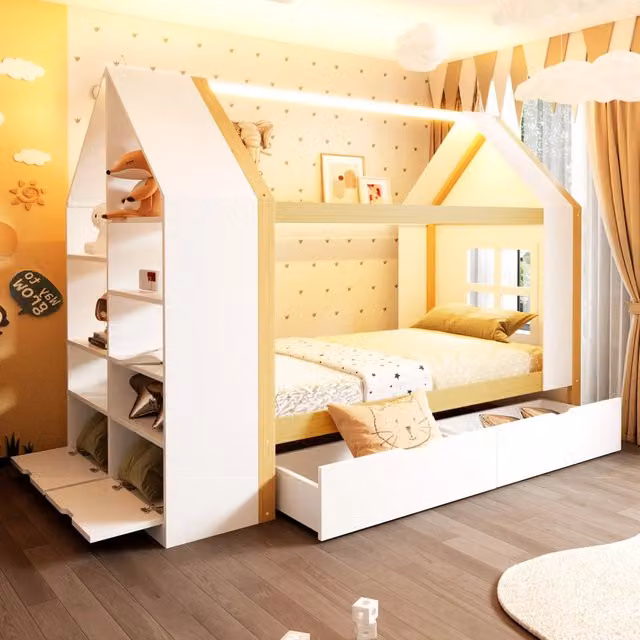 Letto a casetta Mivray per bambini in legno e MDF bianco e beige con vani portaoggetti e illuminazione LED L/P/H: 235 x 90 x 200 cm