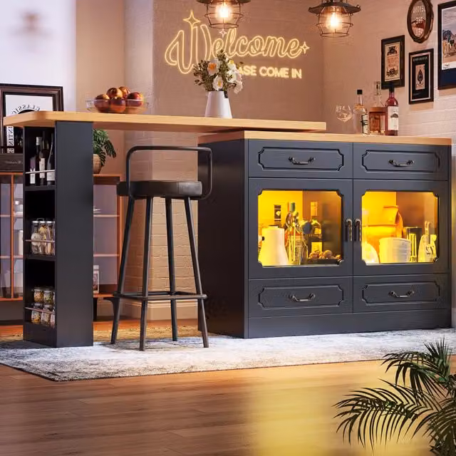 Tavolo Bar REDOM Nero con Piano Girevole 360° e Top in Vetro, Estensibile, L: 135-203 cm, P: 39 cm, H: 92,8 cm