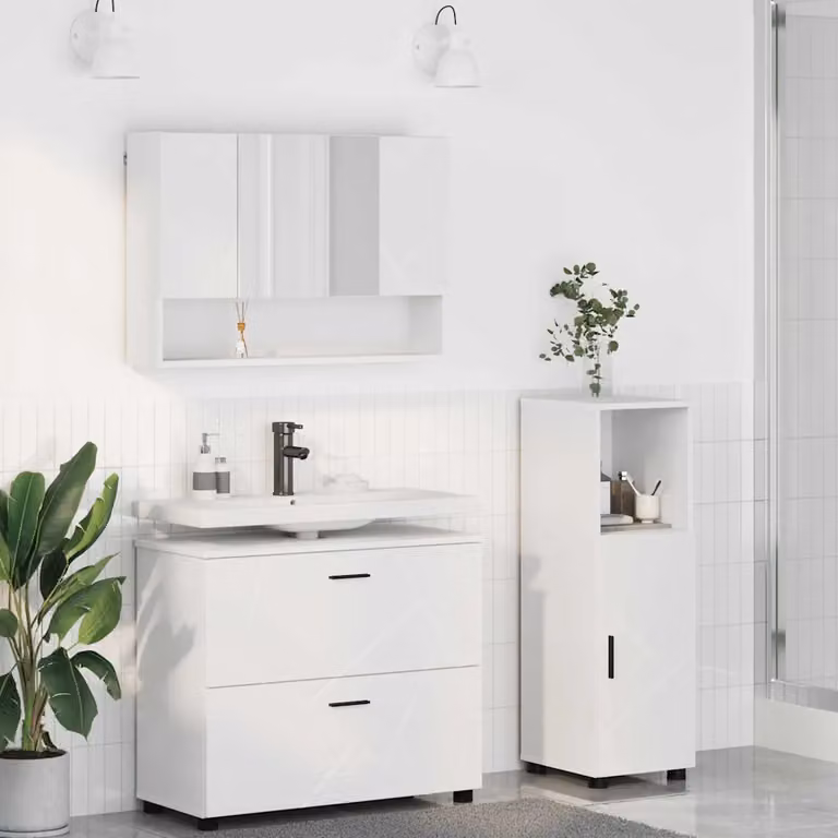 Set di mobili per il bagno moderno vidaXL in 3 pezzi Bianco con mobile lavabo, armadietto con specchio e colonna, L/P/H: 80.0 x 50.81 x 95.0 cm