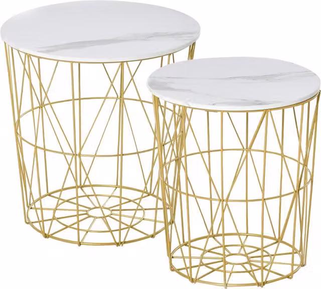 Set di 2 tavolini da caffè HOMCOM moderni in acciaio e MDF con piano d'appoggio rimovibile, design geometrico rotondo, Bianco e Oro, Diametro: 44 cm, Altezza: 45.5 cm e Diametro: 35 cm, Altezza: 41 cm
