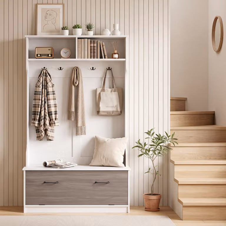 Costway Appendiabiti da terra con panca porta scarpe in legno per ingresso e corridoio, Bianco