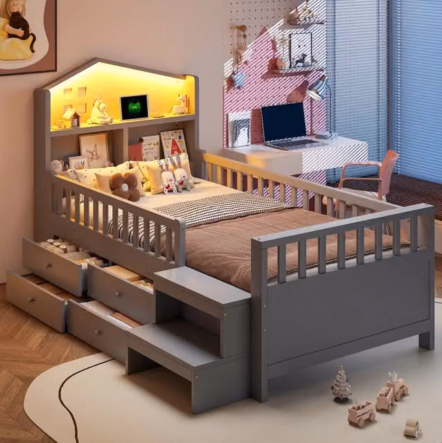 Lettino per bambini Beaok in legno massello grigio con sponde perimetrali, 4 cassetti, illuminazione LED e porta di ricarica USB-C, L/P/H: 200 x 90 x 101,5 cm