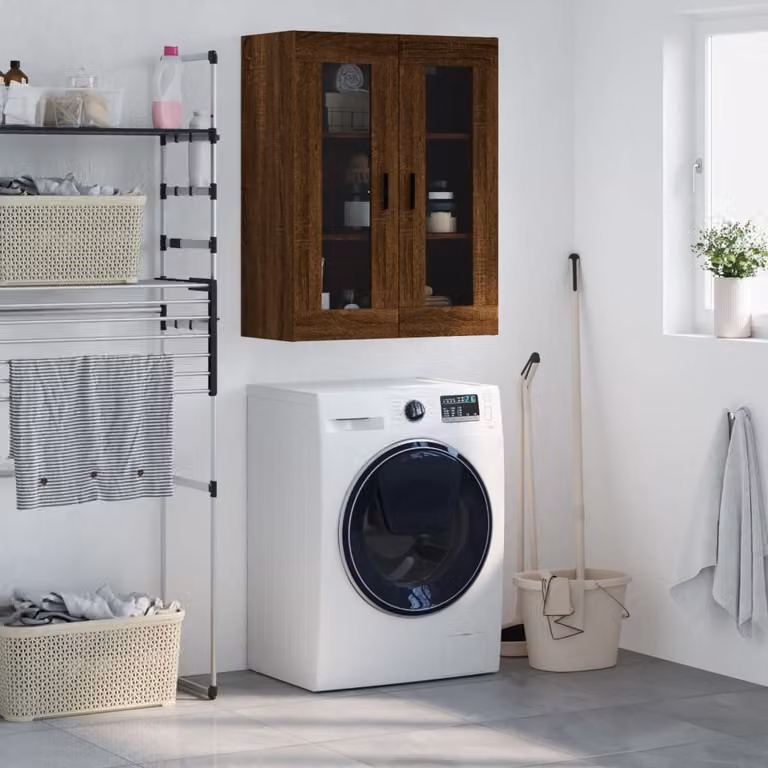 Mobile a parete vidaXL in rovere marrone con ante in vetro e ripiani interni, L: 69,5 cm, P: 34 cm, H: 90 cm