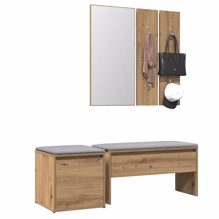 Set di mobili da corridoio vidaXL in legno rovere marrone con panca, specchio, pannello e scarpiera in stile moderno