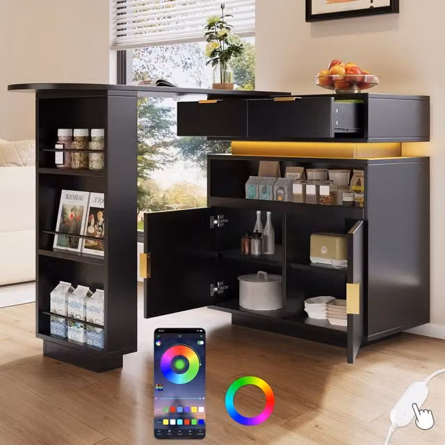 Tavolo Bar Allungabile Minimal con Contenitore e LED Nero e Oro L: 115-183 cm, P: 40 cm, H: 99 cm