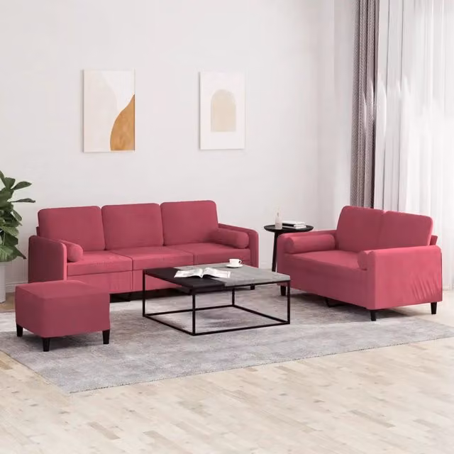 Set di divani vidaXL in velluto rosso composto da divano a 3 posti, divano a 2 posti e pouf con cuscini inclusi
