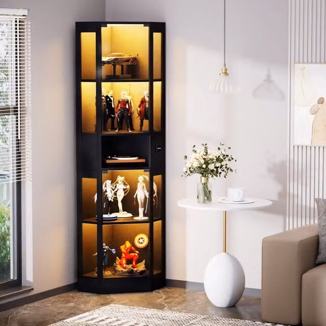 Vetrina OKWISH moderna con LED integrato e ante in vetro, 5 ripiani, in MDF nero per soggiorno e camera da letto, L/P/H: 57 x 40 x 165 cm