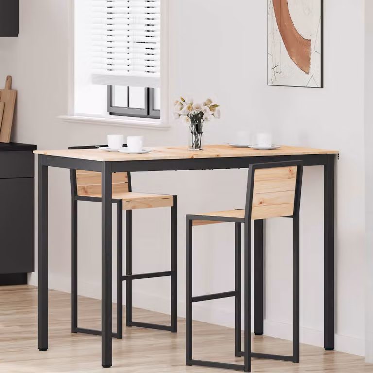 vidaXL Tavolo da bar rettangolare in pino massello e metallo, colore marrone, L: 140 cm, P: 80 cm, H: 105 cm