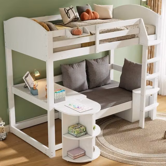 Letto a soppalco MIVRAY bianco con scrivania estraibile, divano contenitore e ripiani in legno, dimensioni 90 x 200 cm