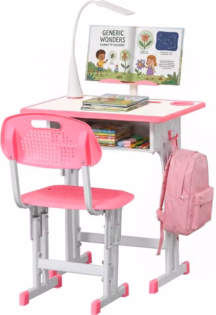 Set scrivania con sedia HOMCOM per bambini, banco scuola regolabile in altezza con piano inclinato, lampada LED, leggio e portapenne, colore rosa, in metallo e MDF