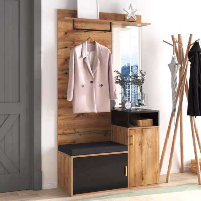 Set da 2 pezzi REDOM per ingresso con specchio e porta scarpe, moderno, Nero/Legno, L: 105 cm, P: 40 cm, H: 191,5 cm