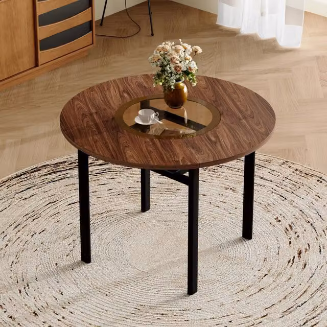 Tavolo da pranzo rotondo MINIMAL con piano in vetro temperato effetto marrone e telaio in metallo, Diametro: 100 cm