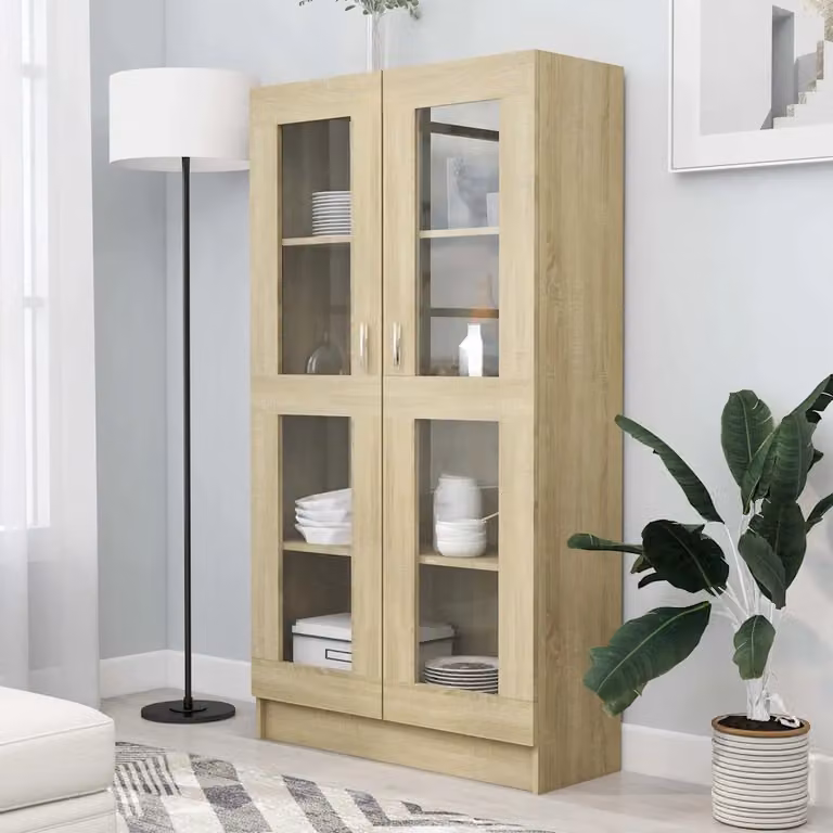 Armadietto Vetrina vidaXL in Rovere Sonoma con Ante in Vetro e Ripiani Interni, L: 82,5 cm, P: 30,5 cm, H: 150 cm
