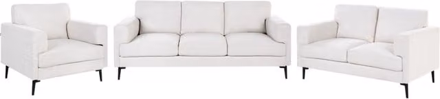 Set da salotto Beliani IT in stile Mid Century con divano a 3 posti, divano a 2 posti e poltrona, rivestimento in tessuto beige e gambe in metallo nero
