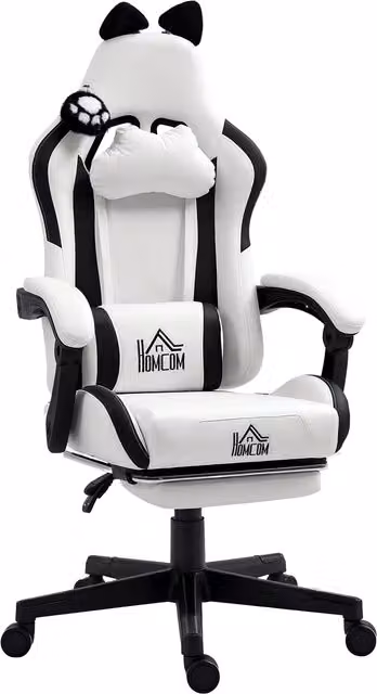 Sedia gaming ergonomica HOMCOM con orecchie da gatto, poltrona gamer reclinabile in ecopelle bianca, L: 65 cm, P: 62 cm, H: 124 cm