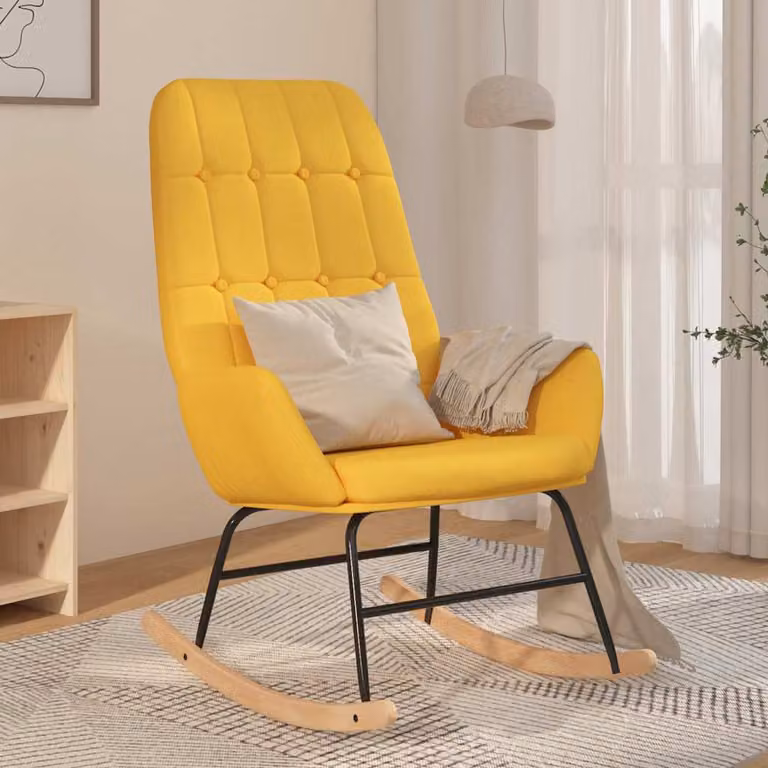 Sedia a dondolo vidaXL moderna in tessuto giallo con braccioli e struttura in legno e metallo