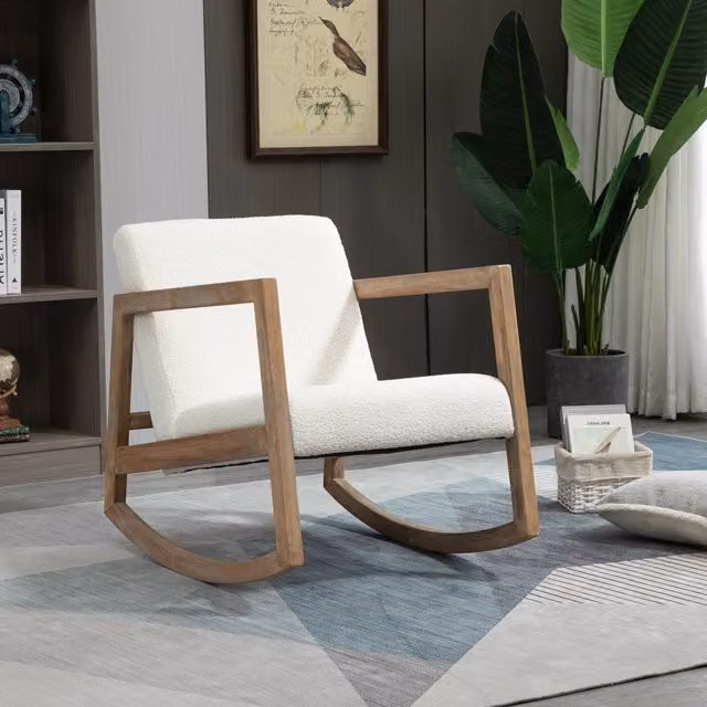 Sedia a dondolo moderna WISHDOR con struttura in legno di gomma e rivestimento in tessuto bouclé bianco