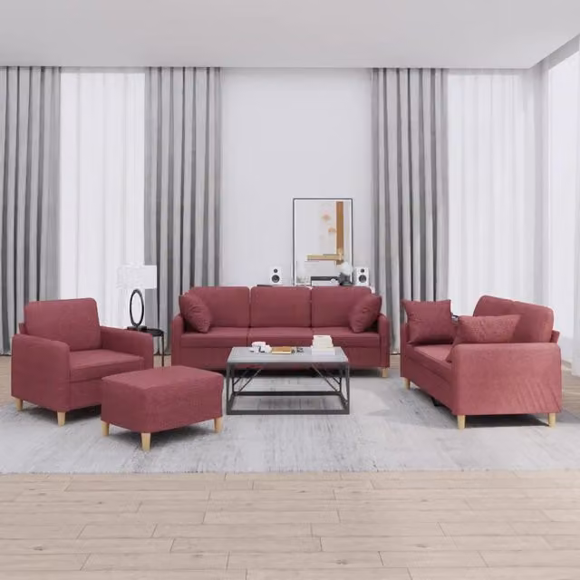 Set di divani moderno vidaXL in tessuto rosso composto da divano a 3 posti, divano a 2 posti e pouf con cuscini inclusi