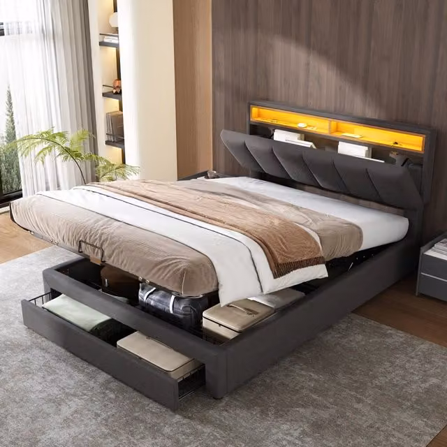 Letto contenitore Mivray con LED e testiera imbottita in lino grigio, L/P: 140 x 200 cm