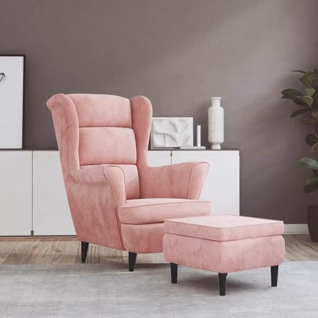 Poltrona relax moderna con schienale ad ala e poggiapiedi coordinato in velluto rosa con struttura in legno, L: 96.5 cm, P: 78 cm, H: 90 cm