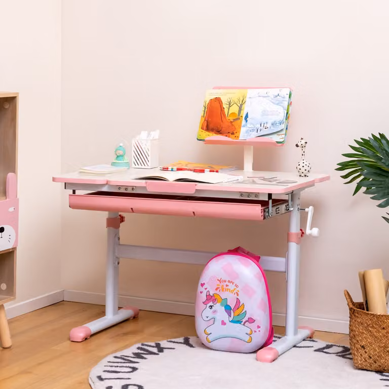 Set scrivania e sedia regolabile per bambini Costway, tavolo ergonomico e sedia girevole in rete rosa