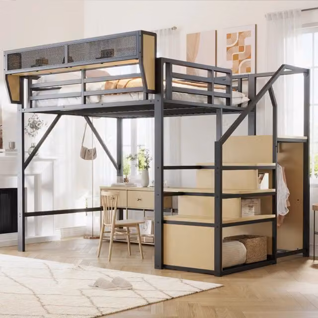 Letto a Soppalco MINIMAL in Metallo Nero con Scala e Vano Contenitore L: 200 cm, P: 140 cm, H: 191 cm