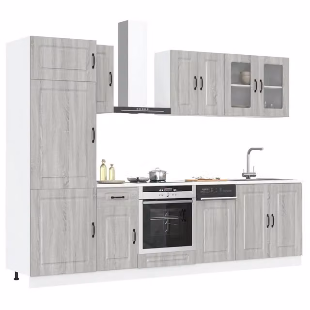 Set Mobili da Cucina Moderno vidaXL in MDF e Legno con Ante in Vetro, Grigio, 8 Pezzi, L/P/H: 207 x 57 x 80 cm
