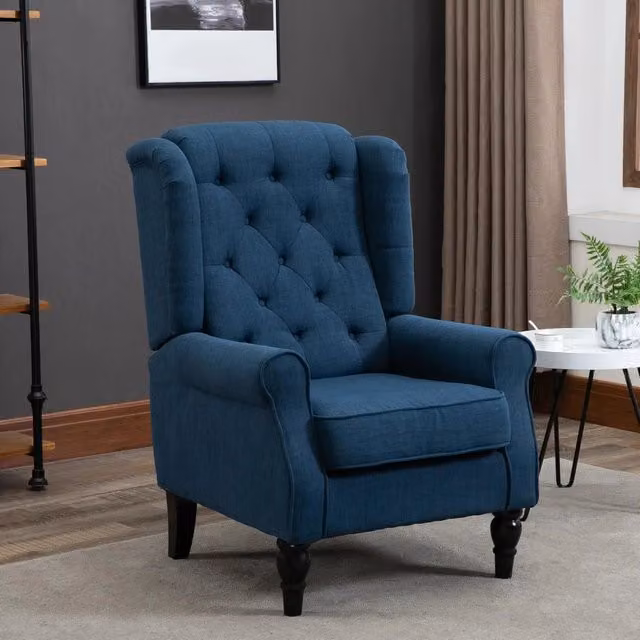 Poltrona REDOM in tessuto blu con schienale alto, bottoni e braccioli, L: 74 cm, P: 86 cm, H: 102 cm