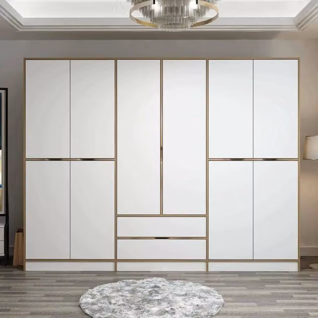 Armadio da camera da letto Gaspard DMORA con ante a battente e cassetti integrati, Bianco e Marrone noce, L: 277 cm, H: 208 cm