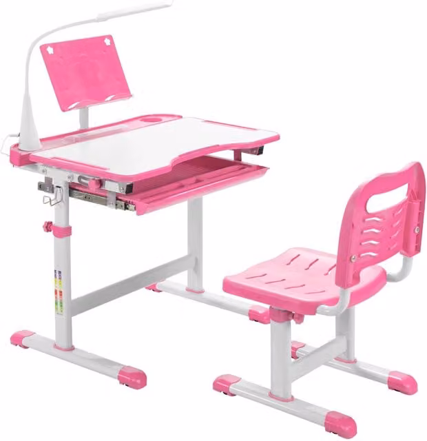 Set scrivania e sedia per bambini con altezza regolabile e leggio inclinato con luce LED, Rosa