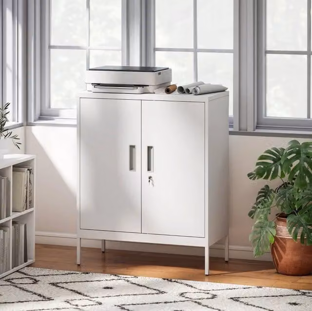 Armadio da ufficio moderno in acciaio con 2 ante chiudibili e ripiani regolabili, bianco, L: 80 cm, P: 40 cm, H: 100 cm