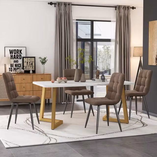 Set tavolo e 4 sedie Mivray moderno con tavolo rettangolare in MDF effetto marmo e sedie in velluto marrone, L: 117 cm, P: 75 cm, H: 75 cm