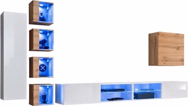 Set di mobili da salotto Meublorama design moderno con lowboard, colonna alta e vetrina, colore bianco e rovere con ante in vetro e illuminazione integrata