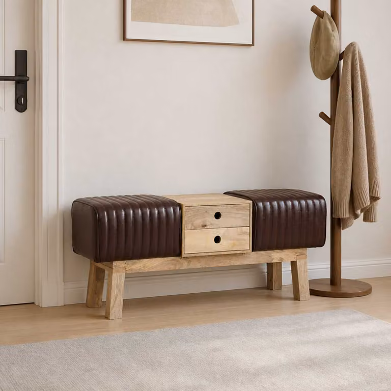 Panchina vidaXL in pelle marrone scuro e legno L: 110 cm, P: 30 cm, H: 45 cm