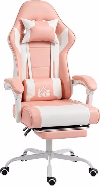 Sedia Gaming HOMCOM con Massaggio e Vibrazione, Reclinabile 155°, con Poggiapiedi Retrattile e Poggiatesta, Rosa, L: 63 cm, P: 66 cm, H: 134 cm