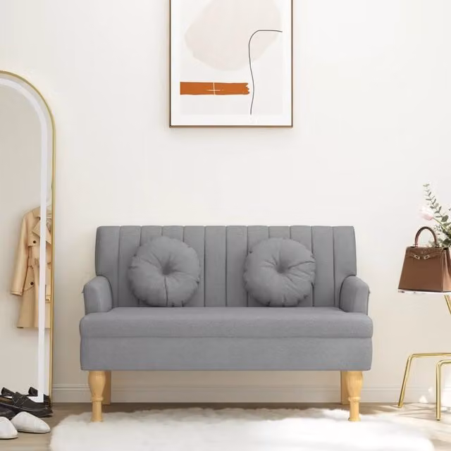 Panca con Cuscini Design Mania Grigio Chiaro in Tessuto e Legno L: 113 cm, P: 64,5 cm, H: 75,5 cm