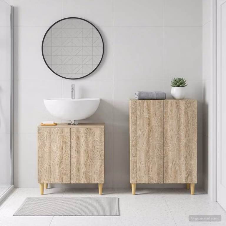 Set di 2 armadi da bagno moderni vidaXL DELFT in legno Rovere Sonoma, colore marrone e beige