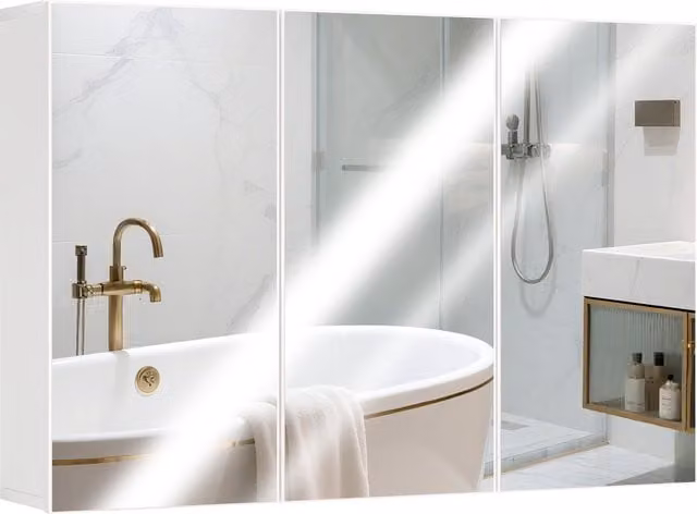 Mobiletto da bagno con specchio HOMCOM bianco, montaggio a parete con 3 ante specchiate e ripiani interni, L: 90 cm, P: 15,5 cm, H: 60 cm
