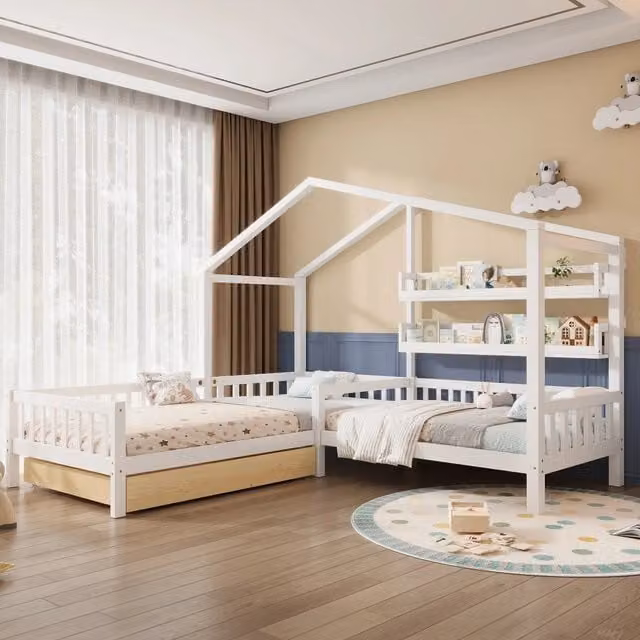 Letto a casetta Mivray per bambini in legno bianco con cassetto su ruote e rete a doghe, dimensioni: 90 x 200 cm con superficie aggiuntiva 140 x 70 cm