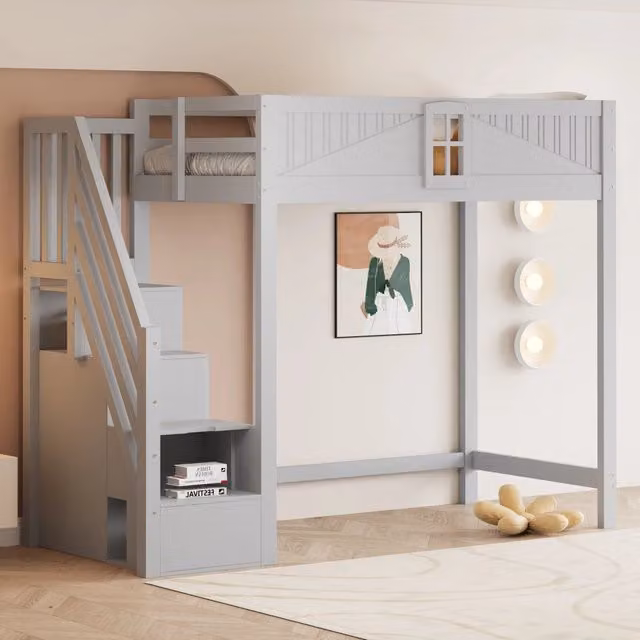 Letto a soppalco singolo MIVRAY in legno grigio con scala a gradini e ripiani laterali, L/P/H: 90 x 200 x 170 cm