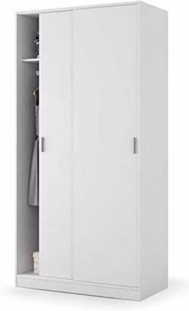 Armadio con ante scorrevoli salvaspazio BRICOZONE per camera da letto e cameretta, bianco opaco, con barra appendiabiti e ripiani interni, L: 100 cm, H: 200 cm, P: 50 cm