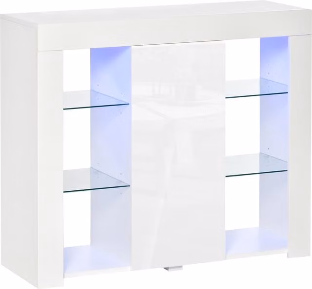 Credenza Moderna HOMCOM con Luci LED e Mensole in Vetro, Mobile Multiuso in Legno con Finitura Lucida, Bianco, L: 97 cm, P: 35 cm, H: 83 cm