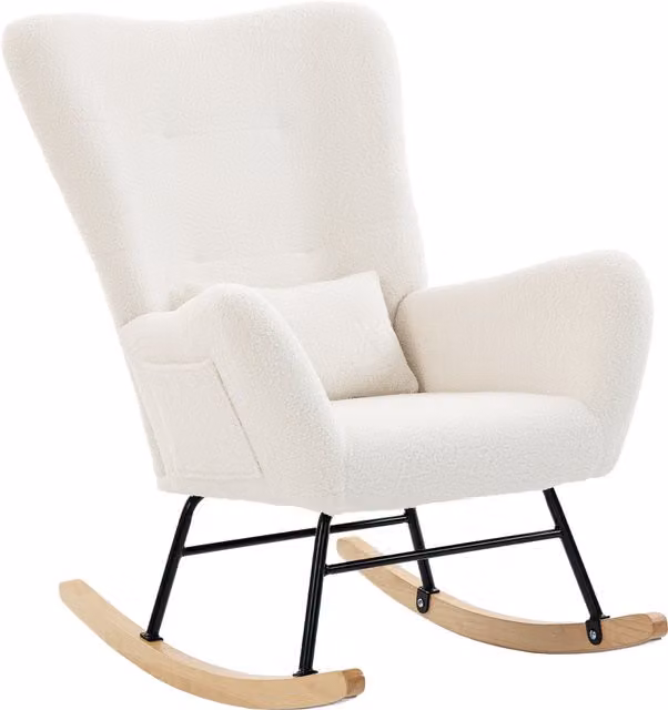 Poltrona a dondolo HOMCOM in tessuto bouclé con schienale alto e gambe in legno massiccio, colore crema/beige