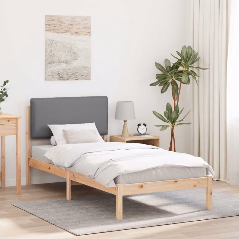 Letto moderno vidaXL con testiera rivestita in tessuto e struttura in legno di pino, Grigio, L 90 x P 200 cm