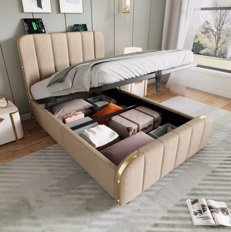 Letto singolo MODFU in tessuto beige con contenitore idraulico e porta USB, L/P/H: 90 x 200 cm