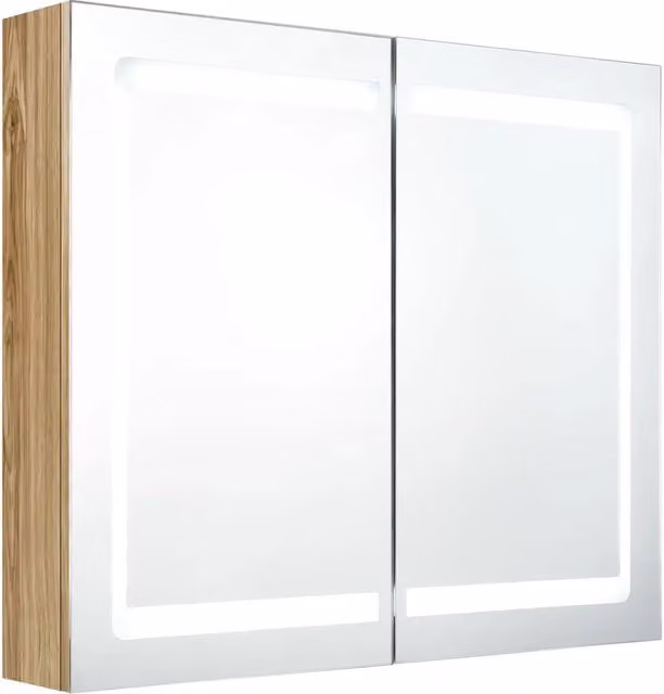 Mobiletto da parete moderno per bagno con specchio e illuminazione LED HELLOSHOP26 in MDF effetto rovere marrone L: 80 cm, H: 68 cm, P: 12 cm