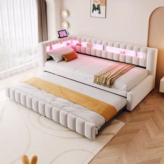 Letto imbottito WISHDOR in velluto beige con illuminazione LED, porte USB e Type-C e scomparti laterali, L/P/H: 200 x 90 x 55 cm