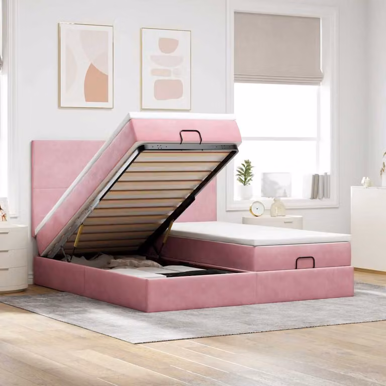 Letto con contenitore a sollevamento vidaXL in velluto rosa e bianco, L: 160 cm, P: 200 cm, H: 128 cm